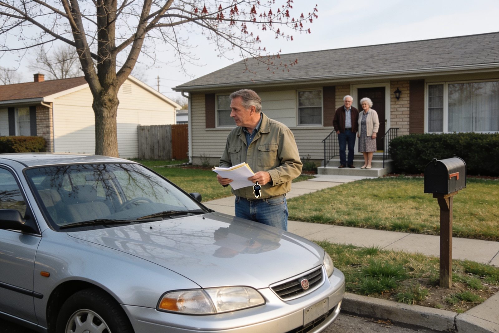 A man in a canvas work jacket standing beside an older silver sedan at the kerb outside a small ranch house, holding a folded title and a set of keys, talking to an elderly couple on their front step.