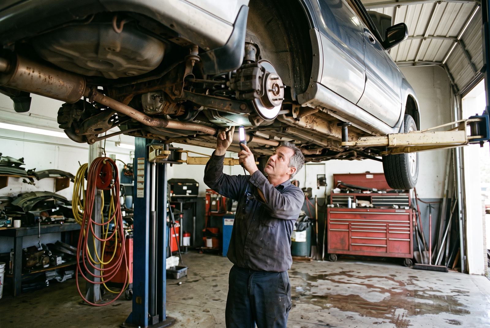 A used estate car raised high on a two-post lift in a small garage bay, its rusted exhaust, rear axle and floor pan fully exposed, with a mechanic standing underneath shining a work light up onto the underbody.