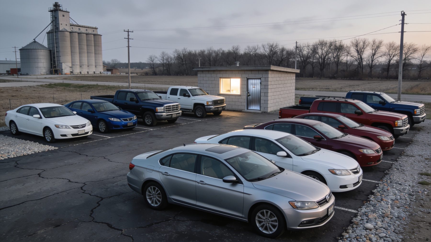 The lot at dusk: about a dozen used sedans, pickups and SUVs parked in two angled rows on cracked asphalt in front of a small lit cinderblock office, with a grain elevator and a bare tree line behind.
