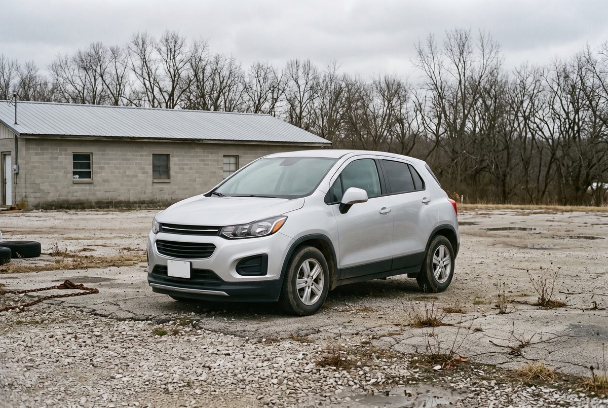A clean silver compact crossover parked on a cracked concrete lot in front of a low cinderblock building, under a flat grey sky.