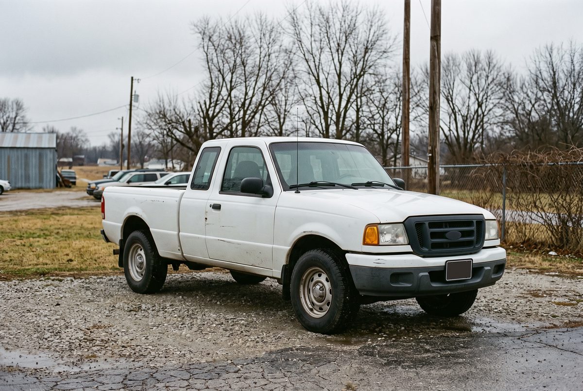 A white extended cab pickup truck with visible scuffs along the doors, parked on a gravel lot beside telephone poles and a bare tree line.