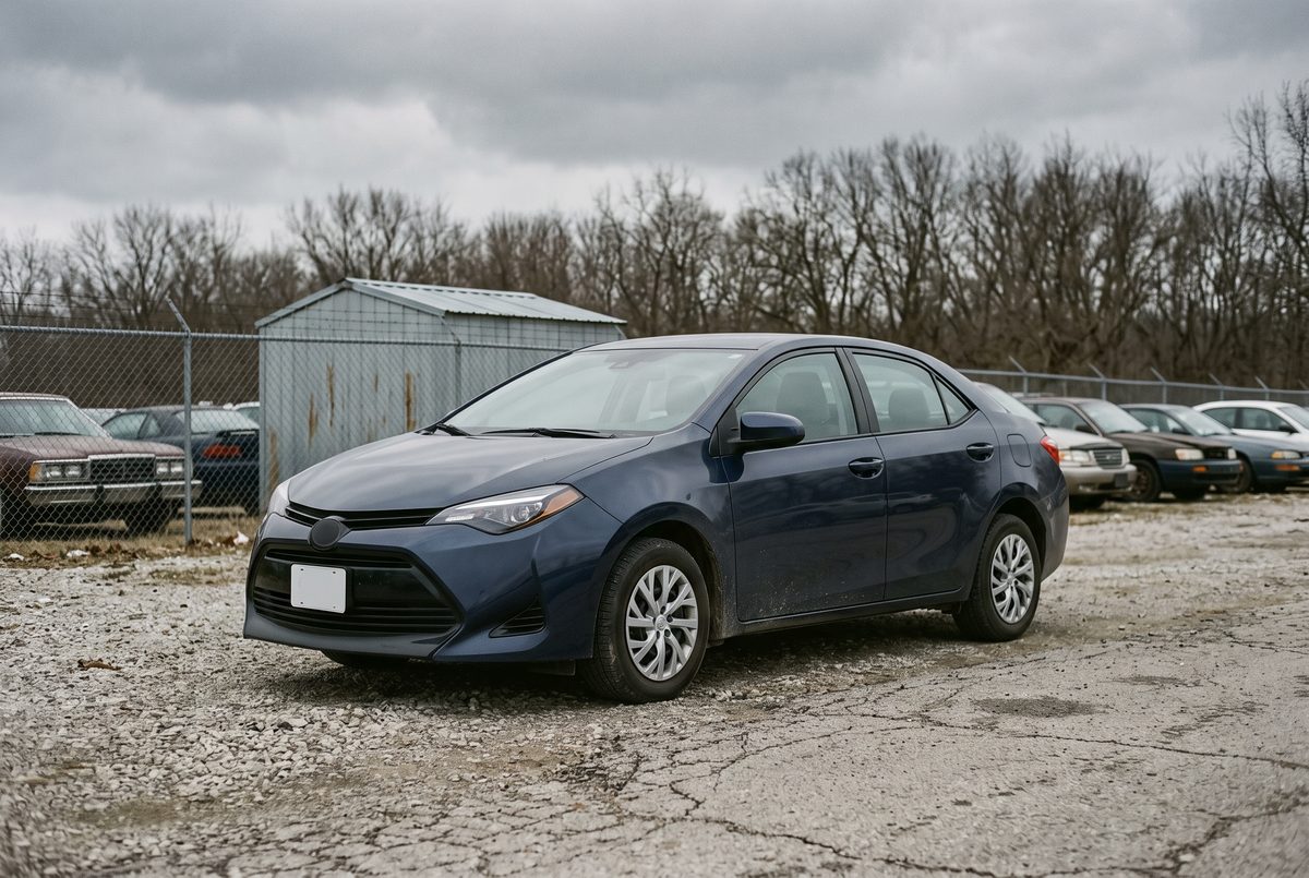 A dark navy blue four-door sedan photographed from the front three-quarter angle on a gravel lot, with a chain link fence and a metal shed behind it.
