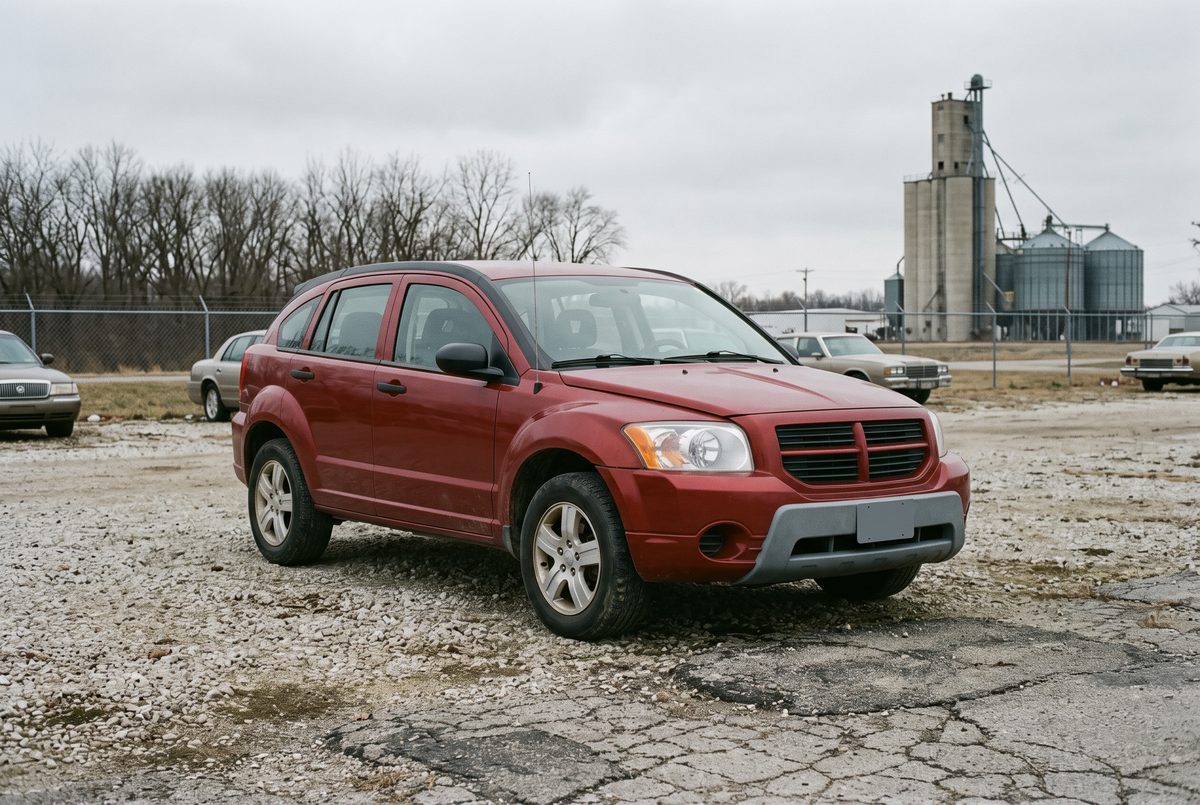 A dark red compact hatchback about fifteen years old parked on a gravel lot, with a grain elevator standing in the distance behind it.